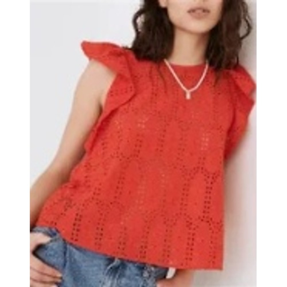 Madewell Red Eyelet Flutter‎ Sleeve Top Floral Embroidery Cotton Blouse XS